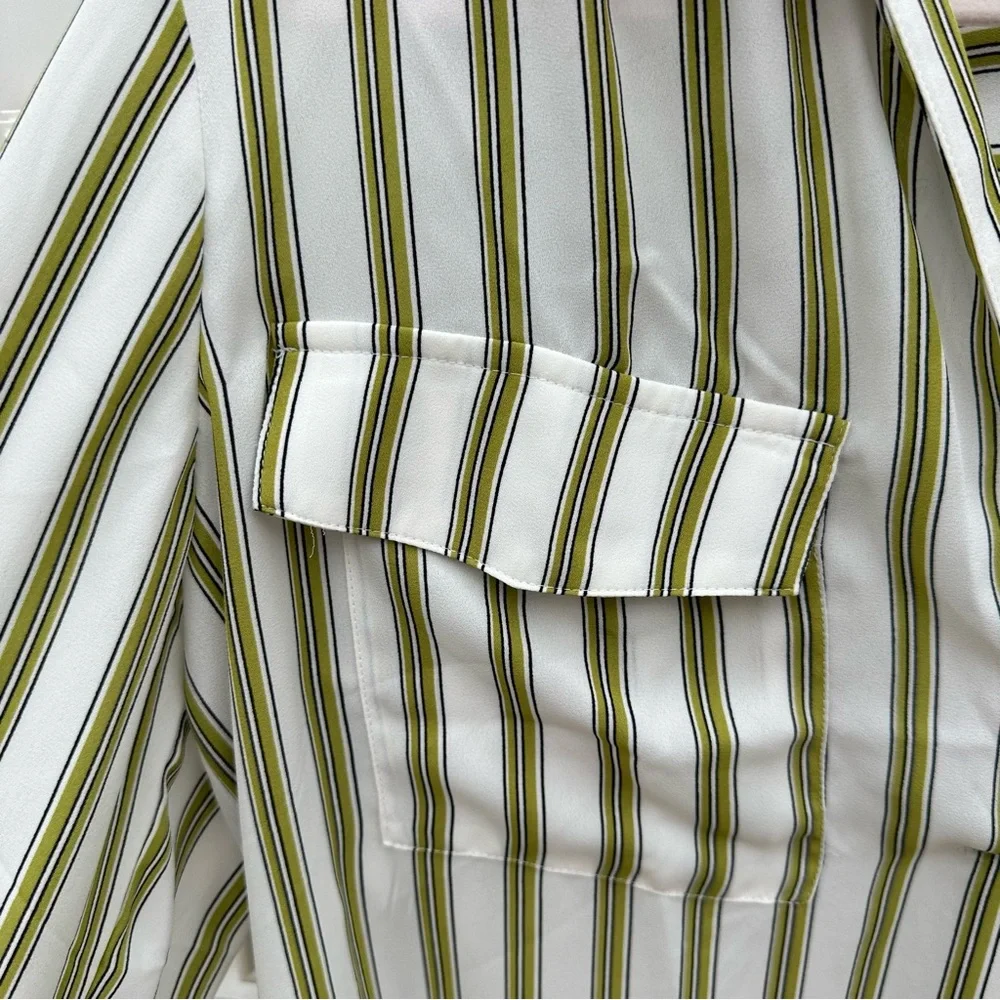 Ann Taylor - Women's Pleated White with Green Stripe Blouse - Medium - Picture 4 of 6